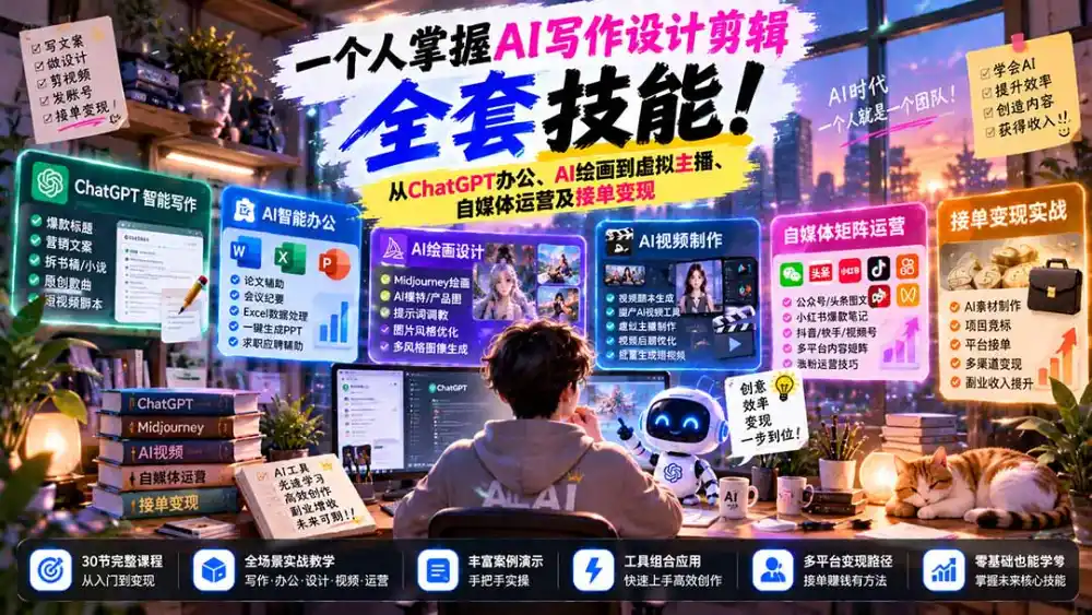 一个人掌握AI写作设计剪辑全套技能：从ChatGPT办公、AI绘画到虚拟主播、自媒体运营及接单变现-北极星资源库