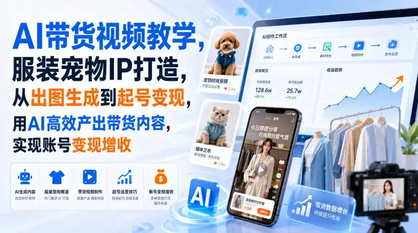 AI带货视频教学，服装宠物IP打造，从出图生成到起号变现，用AI高效产出带货内容，实现账号变现增收-北极星资源库