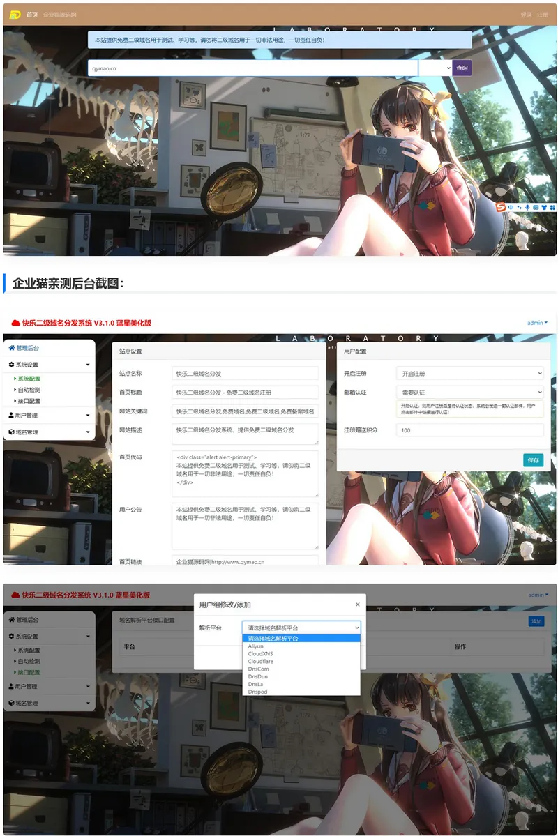 界面很可爱的二级域名分发平台源码带视频教程-北极星资源库