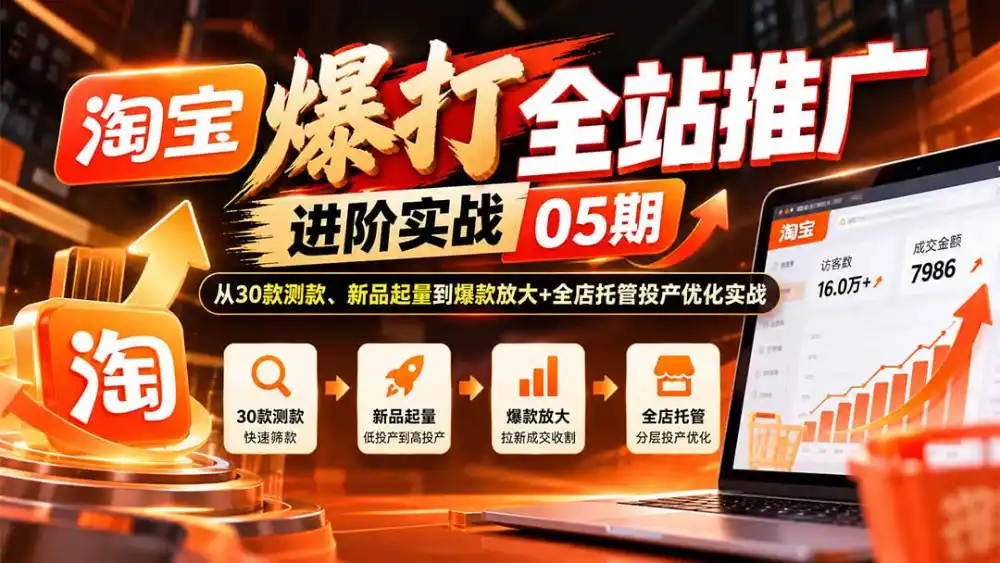 淘宝爆打全站推广进阶实战05期：从30款测款、新品起量到爆款放大+全店托管投产优化实战-北极星资源库