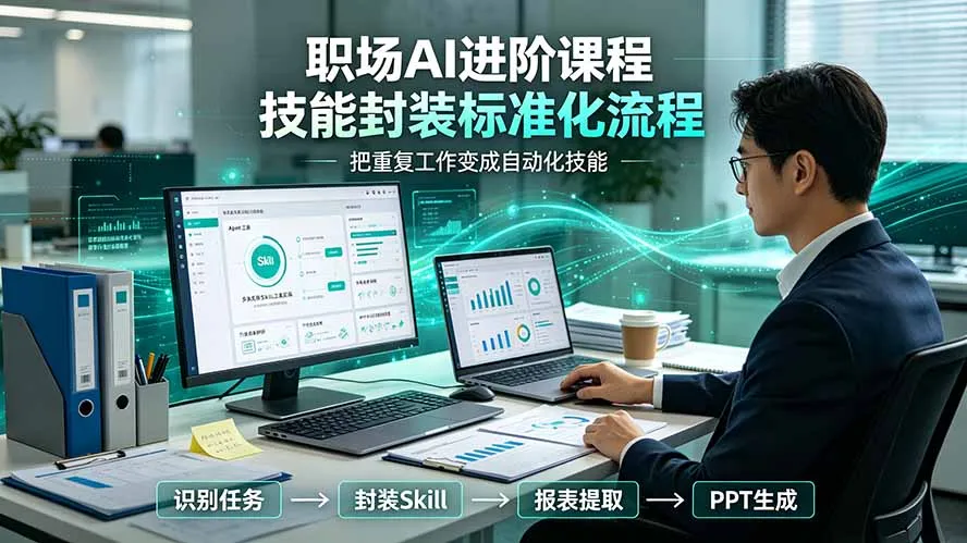 职场AI进阶课程；多类实用Skill工具实操，专属技能封装标准化流程，报表行业报告一键提取核心内容-北极星资源库