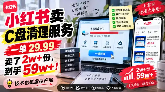 小红书卖C盘清理服务，一单29.99，卖了2w+份，技术也是虚拟产品-北极星资源库