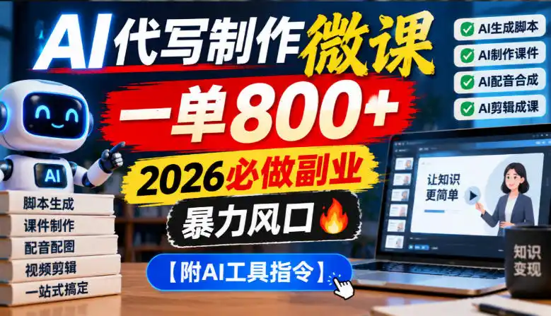 AI代写制作微课，一单800+，2026必做副业，暴力风口【附AI工具指令】【揭秘】-北极星资源库