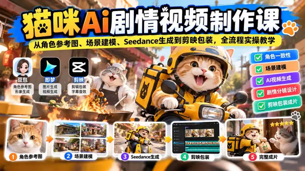 猫咪AI剧情视频制作课：从角色参考图、场景建模、Seedance生成到剪映包装，全流程实操教学-北极星资源库