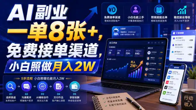 AI副业一单8张+，免费接单渠道，小白照做月入2W【揭秘】-北极星资源库