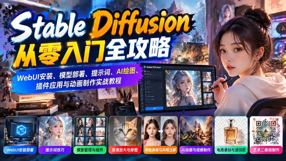 Stable Diffusion从零入门全攻略：WebUI安装、模型部署、提示词、AI绘图、插件应用与动画制作实战教程-北极星资源库