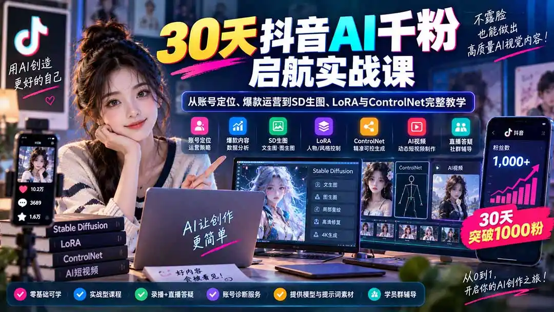 30天抖音AI千粉启航实战课：从账号定位、爆款运营到SD生图、LoRA与ControlNet完整教学-北极星资源库