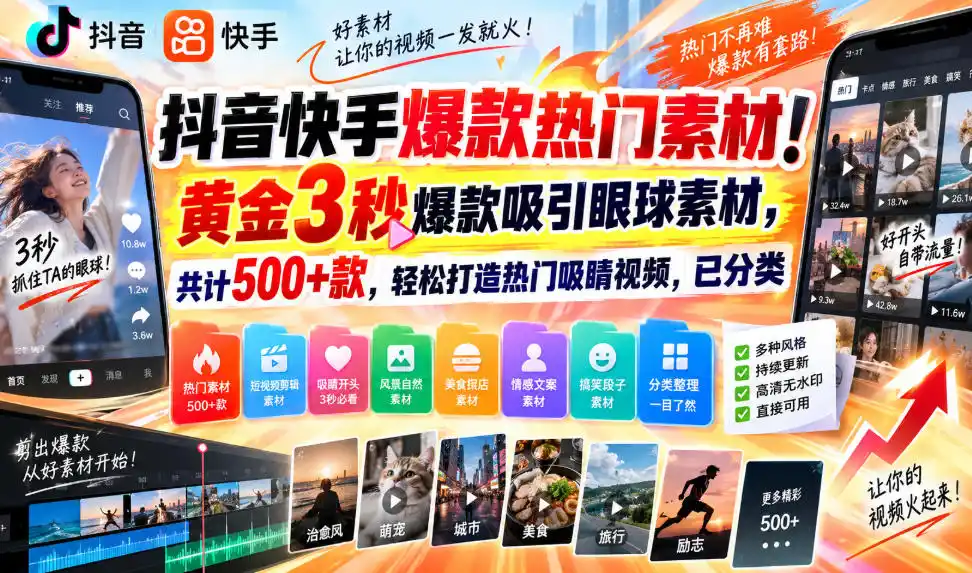 抖音快手爆款热门素材！黄金3秒爆款吸引眼球素材，共计500+款，轻松打造热门吸睛视频，已分类-北极星资源库