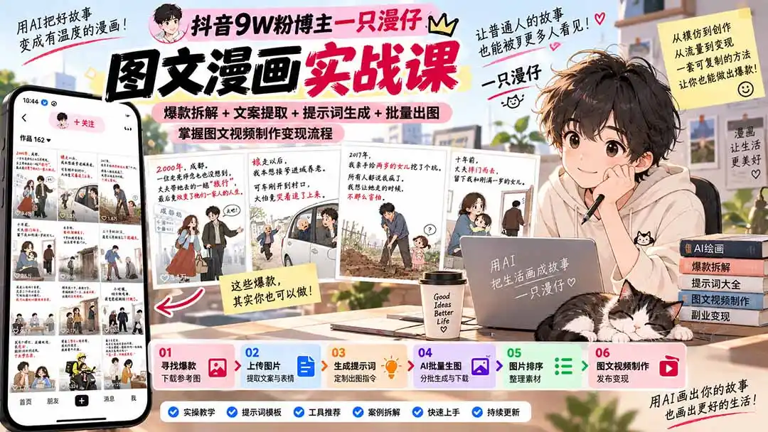 抖音9W粉博主一只漫仔图文漫画课：爆款拆解+文案提取+提示词生成+批量出图，掌握图文视频制作变现流程-北极星资源库