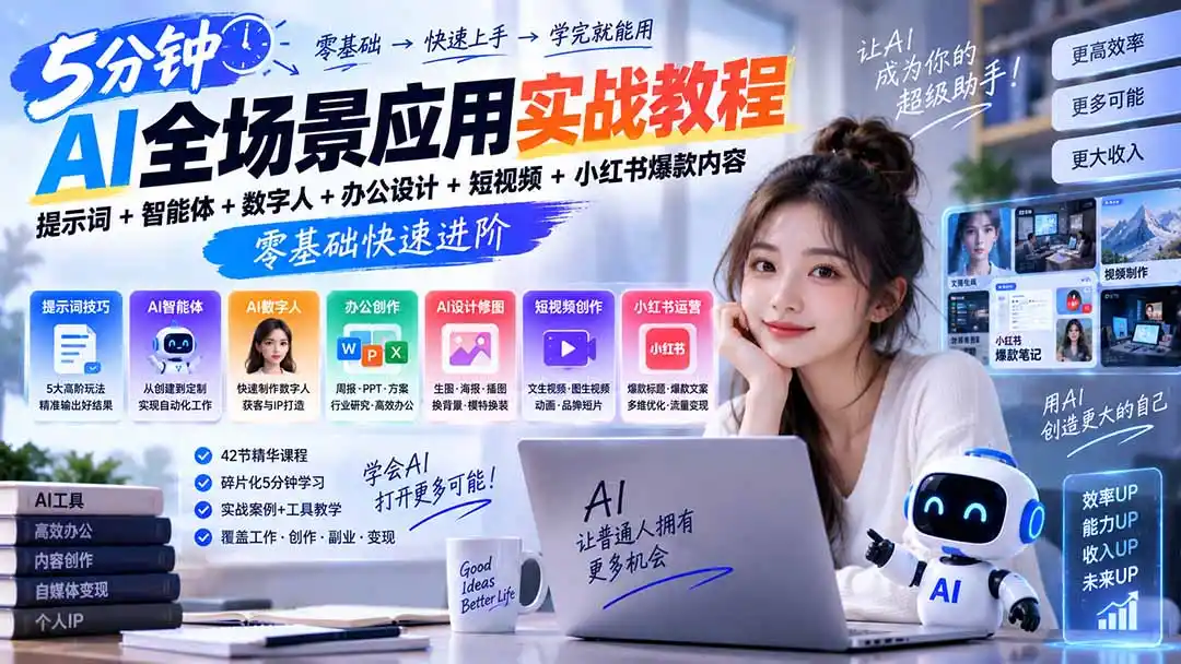 AI全场景应用实战教程｜提示词+智能体+数字人+办公设计+短视频+小红书爆款内容，零基础快速进阶-北极星资源库
