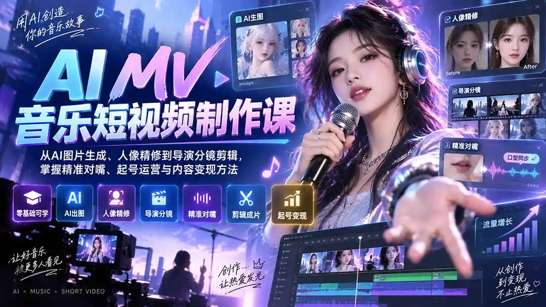 AI MV音乐短视频制作课：从AI图片生成、人像精修到导演分镜剪辑，掌握精准对嘴、起号运营与内容变现方法-北极星资源库