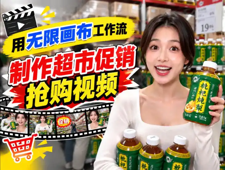 无限画布超市促销抢购视频工作流，一键产出TikTok抖音带货短视频-北极星资源库
