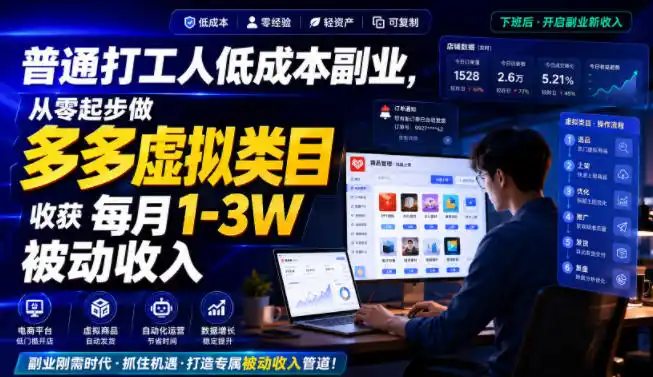 普通打工人低成本副业，从零起步做多多虚拟类目，收获每月1-3W被动收入【揭秘】-北极星资源库