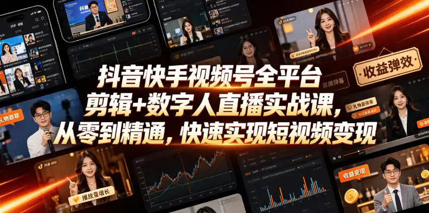 抖音快手视频号全平台剪辑+数字人直播实战课，从零到精通，快速实现短视频变现(更新2026年10月)-北极星资源库