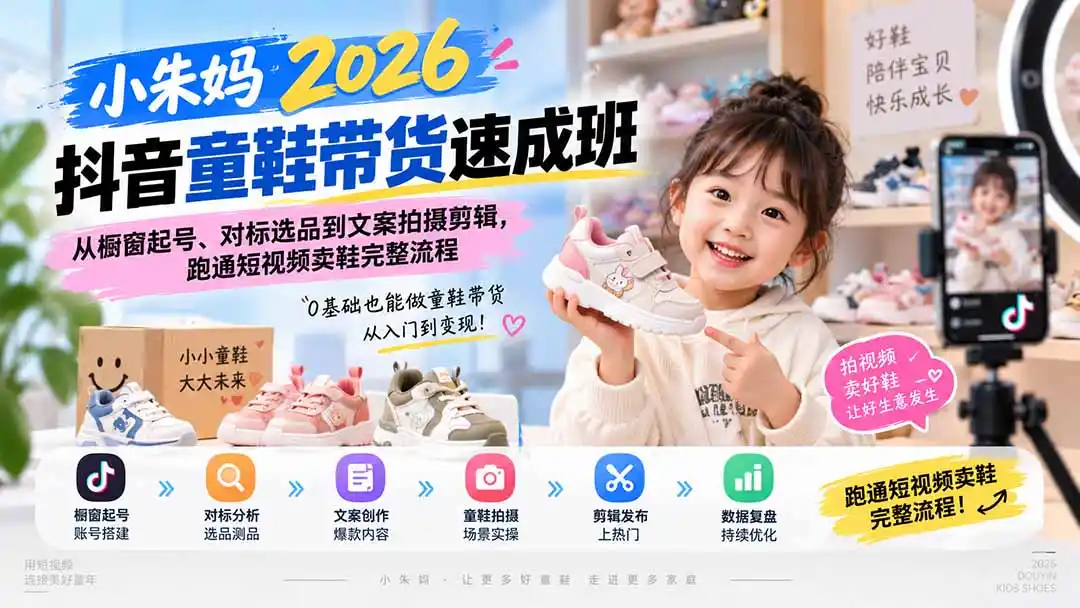 小朱妈2026抖音童鞋带货速成班：从橱窗起号、对标选品到文案拍摄剪辑，跑通短视频卖鞋完整流程-北极星资源库