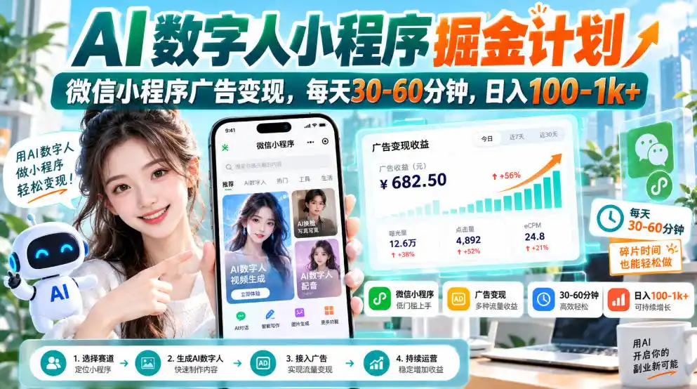 【无水印】AI数字人小程序掘金计划,微信小程序广告变现,每天30‑60分钟,日入100‑1k+-北极星资源库