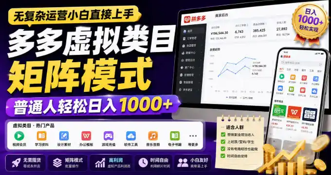 无复杂运营小白直接上手，多多虚拟类目矩阵模式，普通人轻松日入1000+【揭秘】-北极星资源库