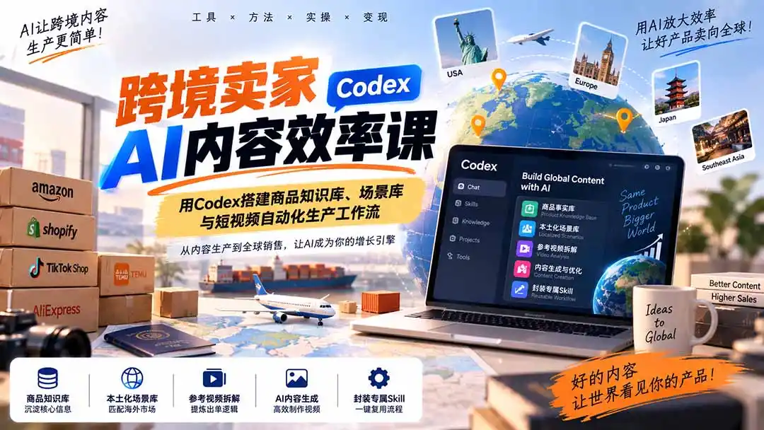 跨境卖家AI内容效率课：用Codex搭建商品知识库、场景库与短视频自动化生产工作流-北极星资源库