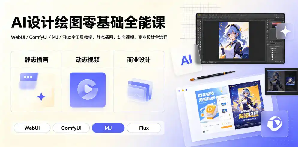 AI设计绘图零基础全能课｜WebUI/ComfyUI/MJ/Flux全工具教学，静态插画、动态视频、商业设计全流程-北极星资源库