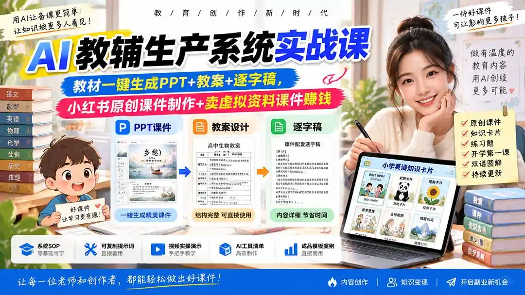 AI教辅生产系统实战课｜教材一键生成PPT+教案+逐字稿，小红书原创课件制作+卖虚拟资料课件赚钱-北极星资源库