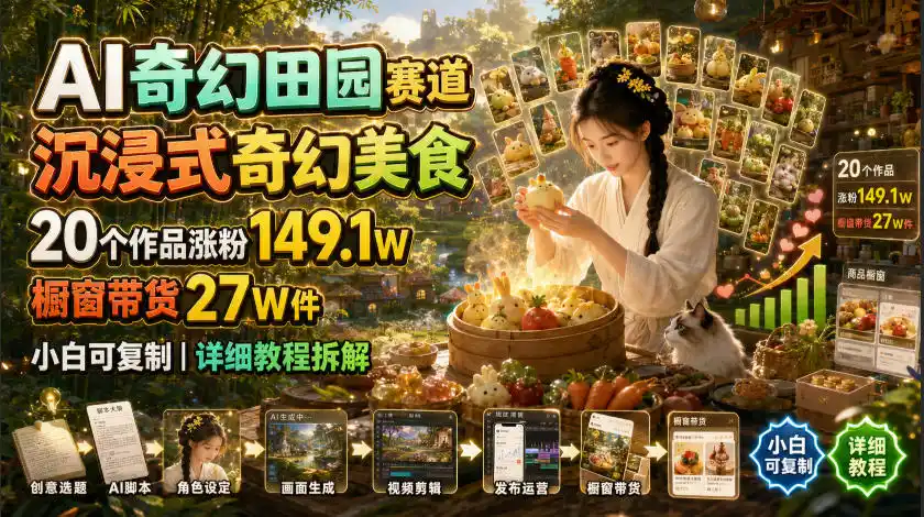 AI奇幻田园赛道，沉浸式奇幻美食，20个作品涨粉149.1W，橱窗带货27W件，小白可复制，详细教程拆解-北极星资源库
