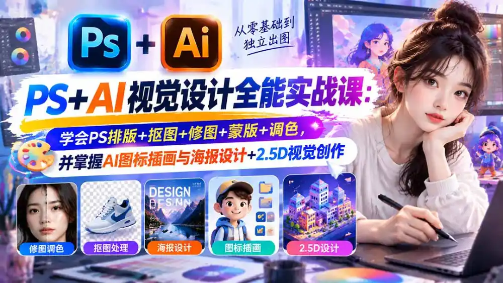 【无水印】PS+AI视觉设计全能实战课：学会PS排版+抠图+修图+蒙版+调色，并掌握AI图标插画与海报设计+2.5D视觉创作-北极星资源库