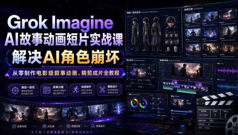 Grok Imagine AI故事动画短片实战课｜解决AI角色崩坏，从零制作电影级叙事动画、精剪成片全教程(中英字幕)-北极星资源库