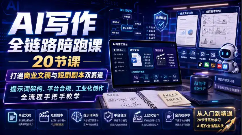 AI写作全链路陪跑课｜20节课打通商业文稿与短剧剧本双赛道，提示词架构、平台合规、工业化创作全流程手把手教学-北极星资源库