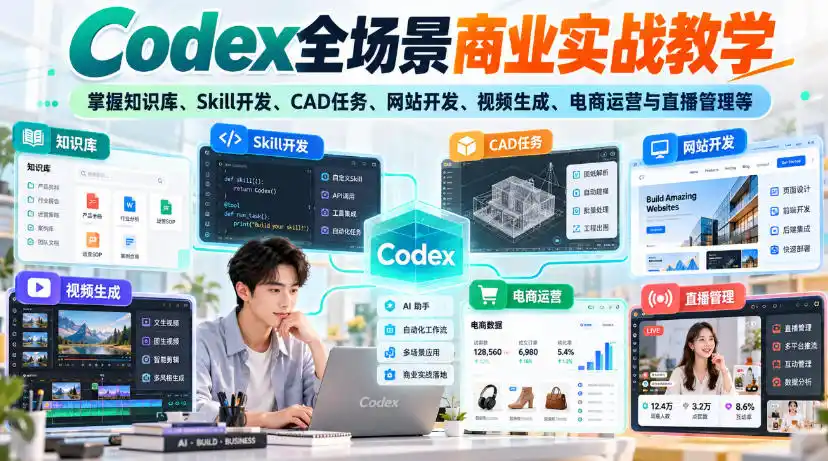 【无水印】Codex全场景商业实战教学，掌握知识库、Skill开发、CAD任务、网站开发、视频生成、电商运营与直播管理等-北极星资源库