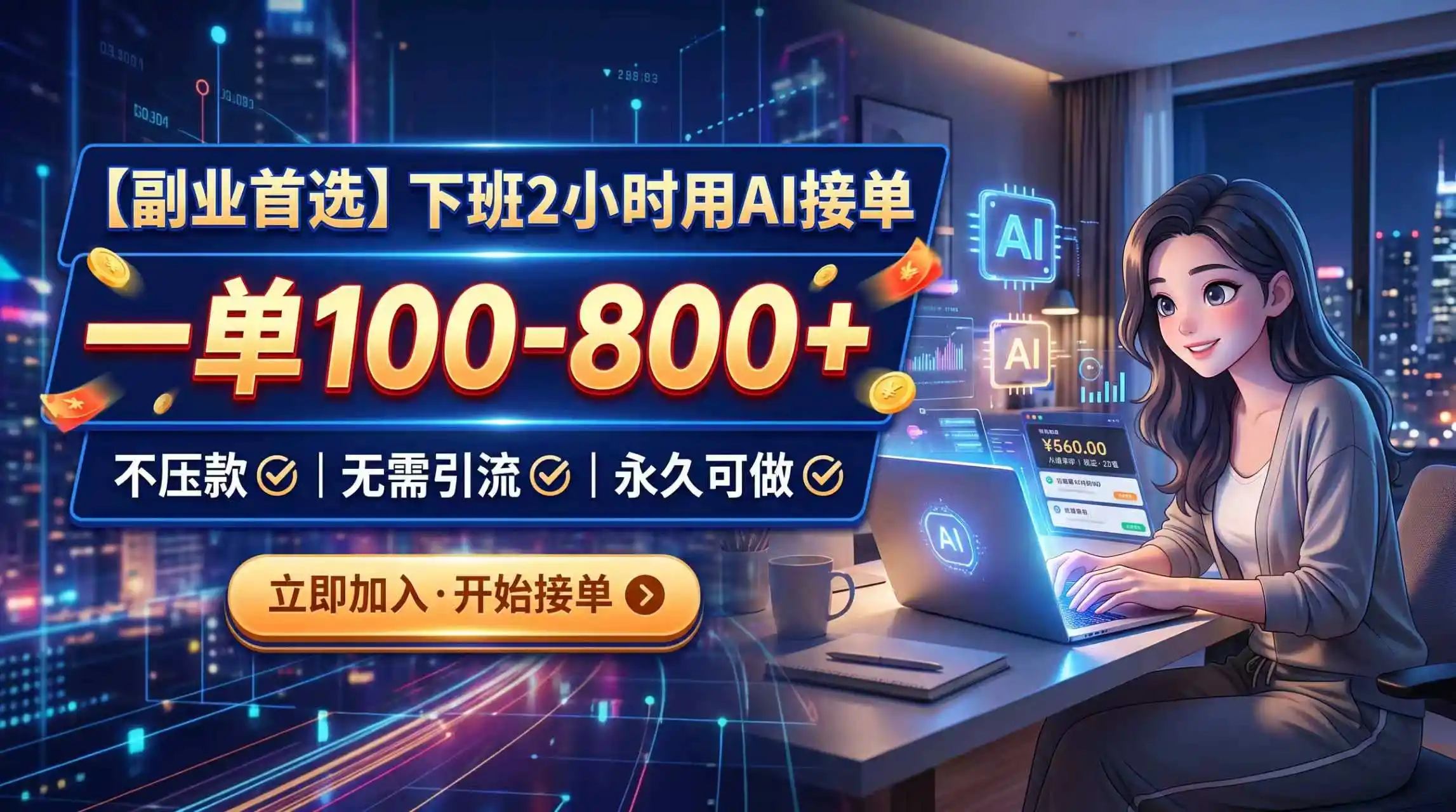 下班2小时用AI接单，一单100-800+，不压款，无需引流，永久可做-北极星资源库