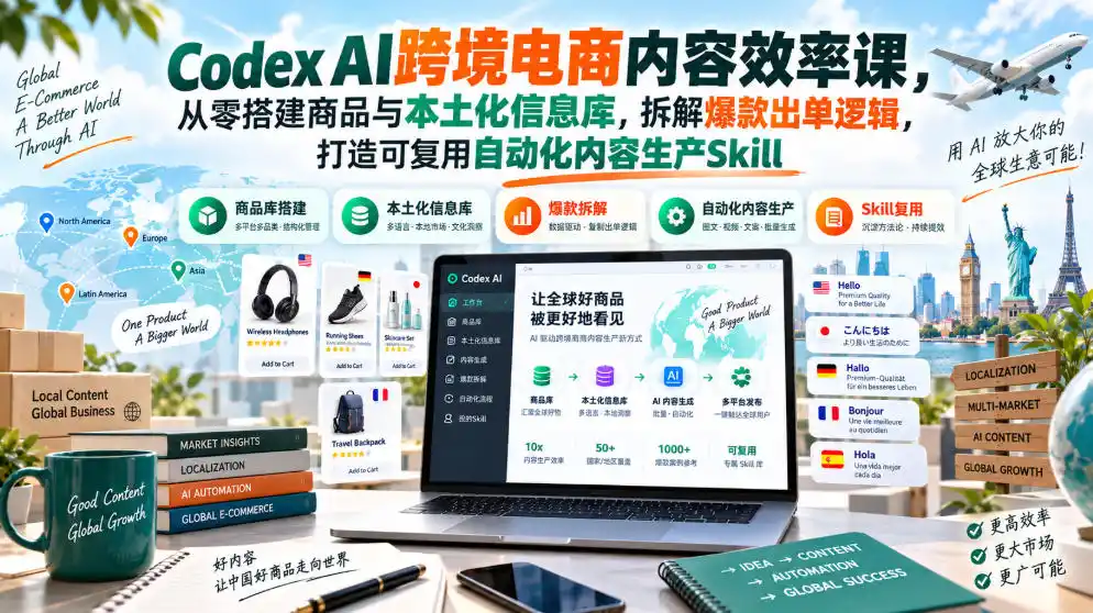 Codex AI跨境电商内容效率课，从零搭建商品与本土化信息库，拆解爆款出单逻辑，打造可复用自动化内容生产Skill-北极星资源库