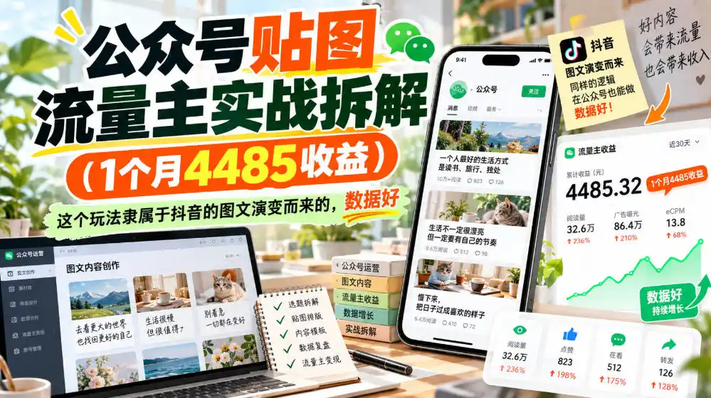 公众号贴图流量主实战拆解(1个月4485收益)，这个玩法隶属于抖音的图文演变而来的，数据好-北极星资源库