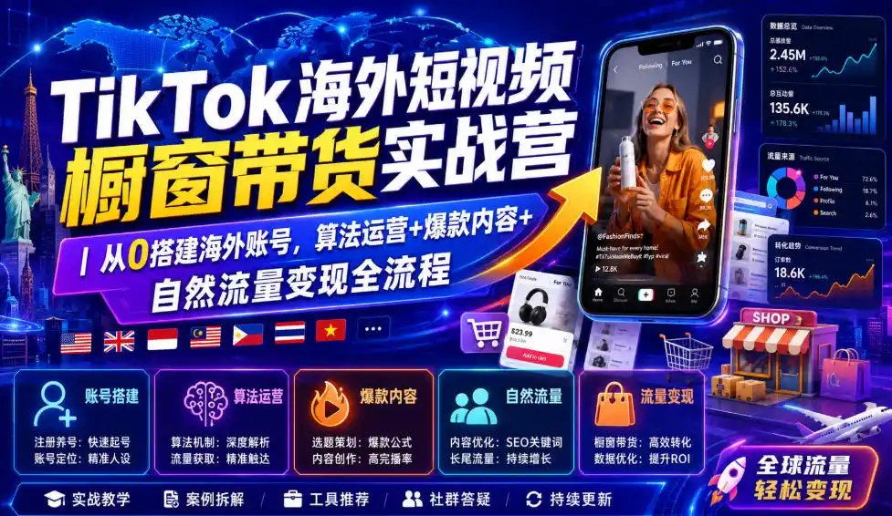 TikTok海外短视频橱窗带货实战营｜从0搭建海外账号，算法运营+爆款内容+自然流量变现全流程-北极星资源库