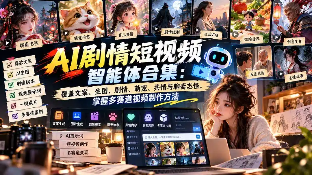 【无水印】AI剧情短视频智能体合集：覆盖文案、生图、剧情、萌宠、共情与聊斋志怪，掌握多赛道视频制作方法-北极星资源库