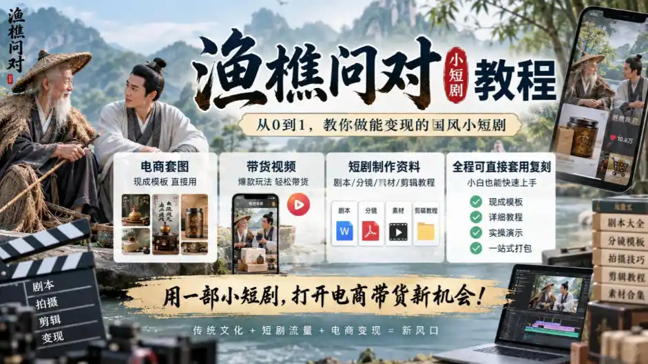 渔樵问对小短剧教程，包含电商套图、带货视频，短剧制作资料，全程可直接套用复刻-北极星资源库