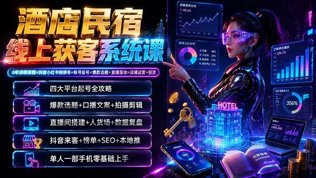 酒店民宿线上获客系统课：6年讲师亲授×抖音小红书视频号×账号起号×爆款选题×直播落地×店铺运营×投流-北极星资源库