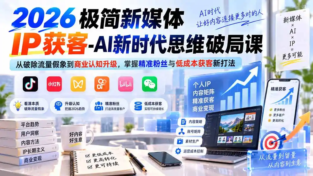 2026极简新媒体IP获客-AI新时代思维破局课：从破除流量假象到商业认知升级，掌握精准粉丝与低成本获客新打法-北极星资源库
