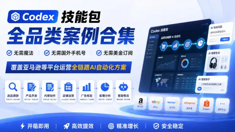 Codex技能包全品类案例合集，无需魔法、无需国外手机号、无需美金订阅，覆盖亚马逊等平台运营全链路AI自动化方案-北极星资源库