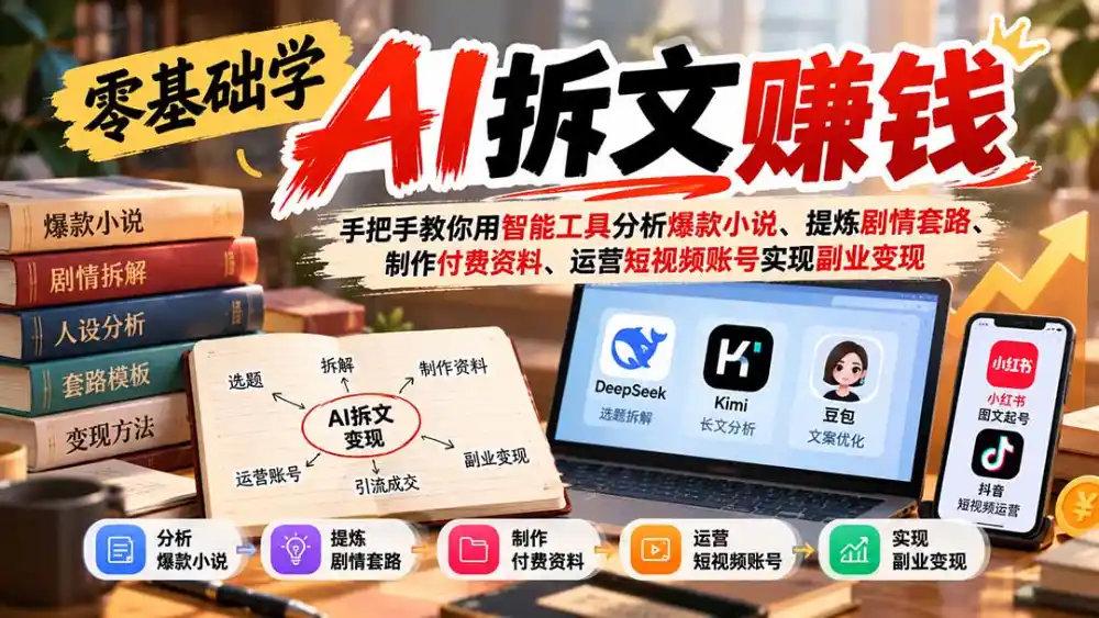 零基础学AI拆文赚钱：手把手教你用智能工具分析爆款小说、提炼剧情套路、制作付费资料、运营短视频账号实现副业变现-北极星资源库