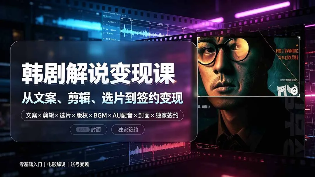 抖音270W粉丝博主亲授韩剧解说课：文案×剪辑×选片×版权×BGM×AU配音×封面×独家签约，零基础到变现-北极星资源库