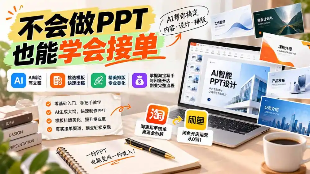 不会做PPT也能学会接单：AI辅助写文案、挑模板、做排版，掌握淘宝写手与闲鱼开店副业完整流程-北极星资源库