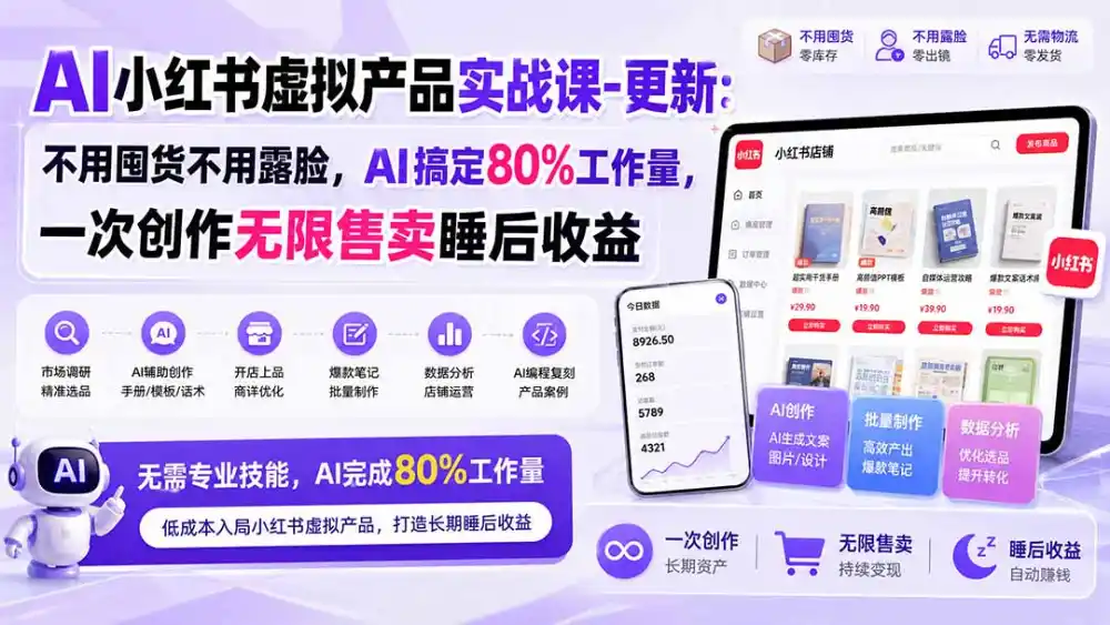 AI小红书虚拟产品实战课-更新1017：不用囤货不用露脸，AI搞定80%工作量，一次创作无限售卖睡后收益-北极星资源库
