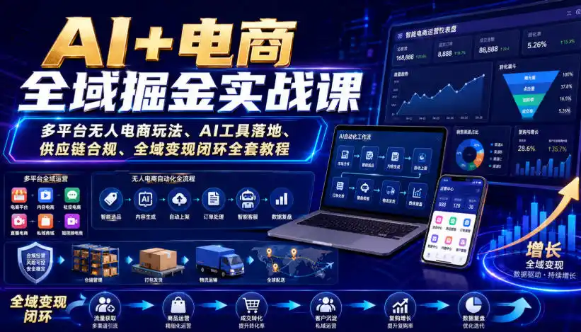 AI+电商全域掘金实战课｜多平台无人电商玩法、AI工具落地、供应链合规、全域变现闭环全套教程-北极星资源库