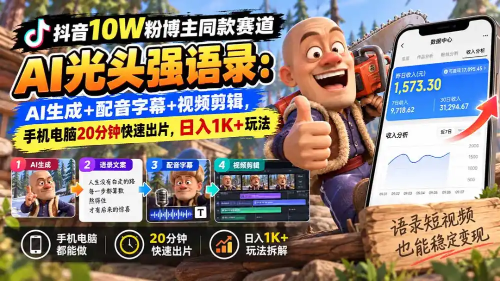 【无水印】抖音10W粉博主同款赛道AI光头强语录：AI生成+配音字幕+视频剪辑，手机电脑20分钟快速出片，日入1K+玩法-北极星资源库