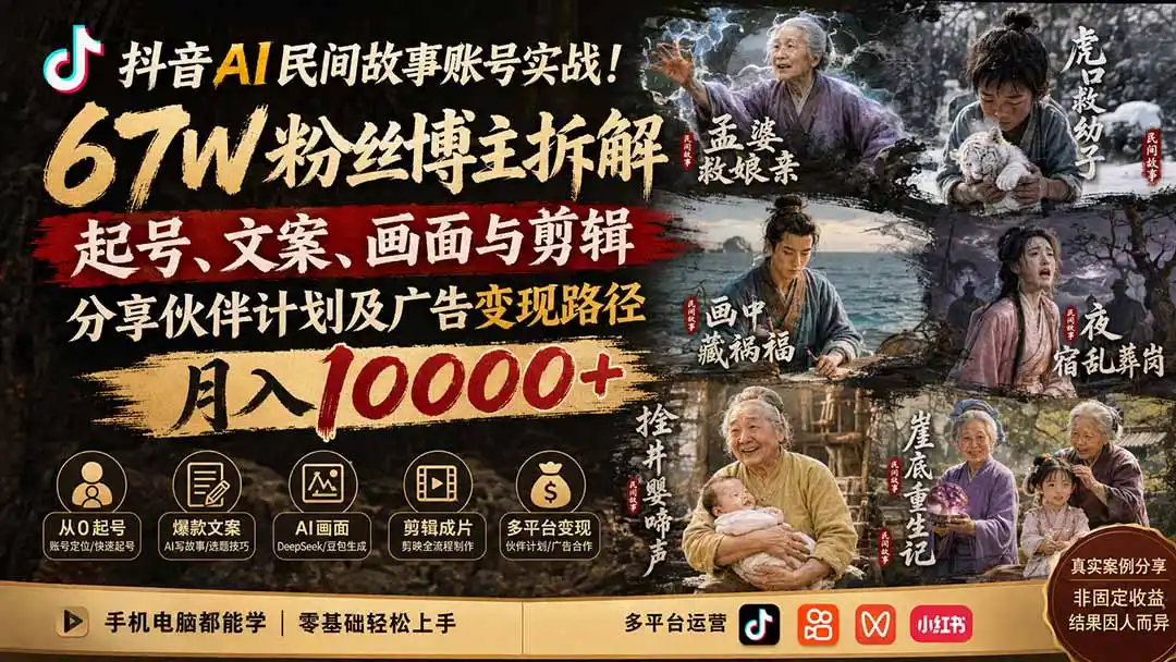 抖音AI民间故事账号实战！67W粉丝博主拆解起号、文案、画面与剪辑，分享伙伴计划及广告变现路径，月入10000+-北极星资源库