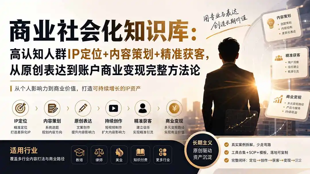 商业社会化知识库：高认知人群IP定位+内容策划+精准获客，从原创表达到账户商业变现完整方法论-北极星资源库