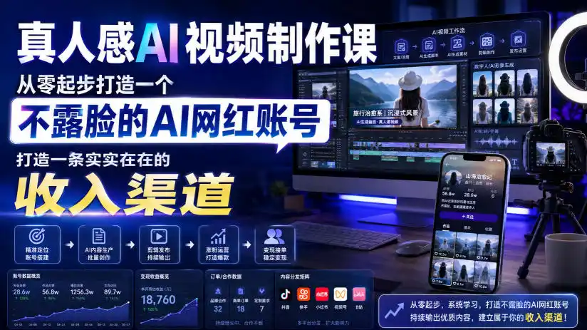 真人感AI视频制作课，从零起步打造一个不露脸的AI网红账号，打造一条实实在在的收入渠道【原创双语字幕】-北极星资源库