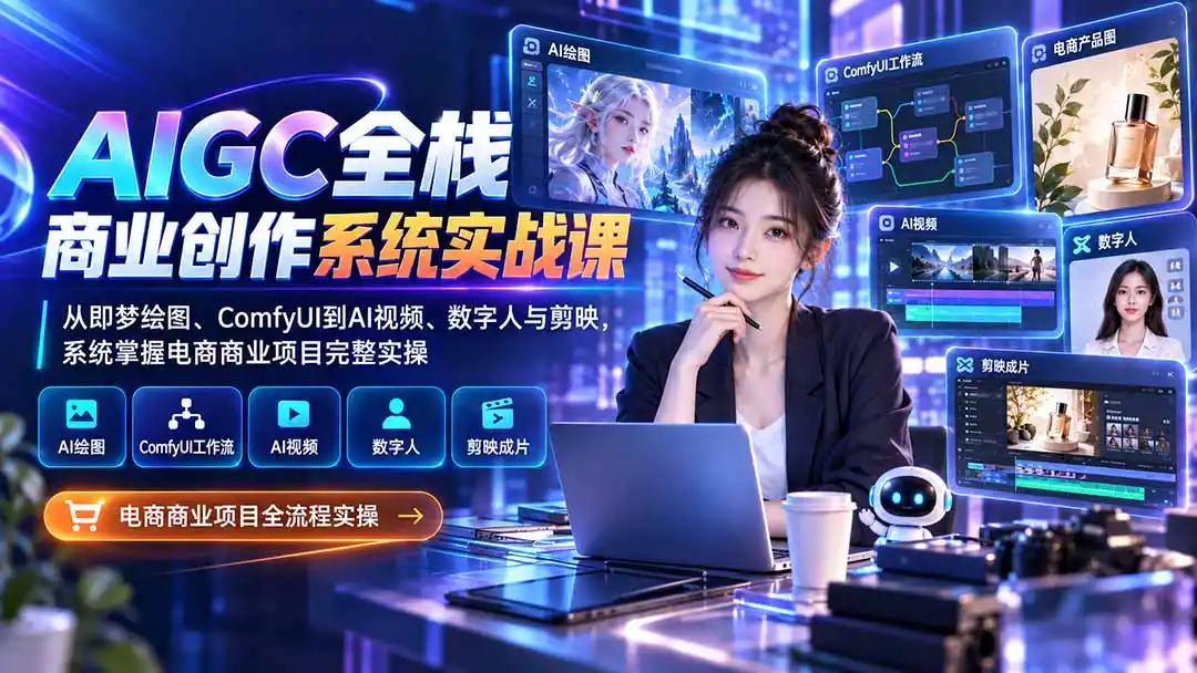 AIGC全栈商业创作系统实战课-无水印：从即梦绘图、ComfyUI到AI视频、数字人与剪映，系统掌握电商商业项目完整实操-北极星资源库