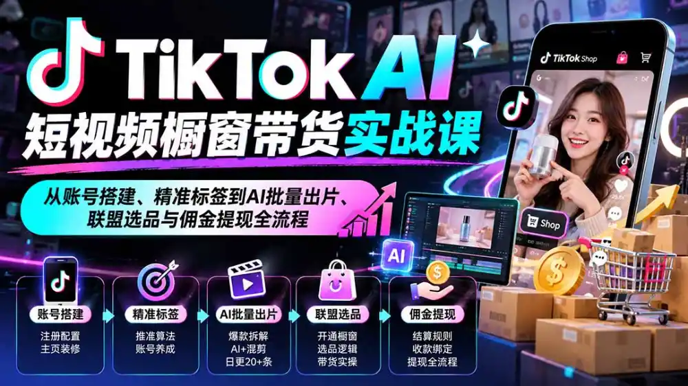 TikTok AI短视频橱窗带货实战课：从账号搭建、精准标签到AI批量出片、联盟选品与佣金提现全流程-北极星资源库