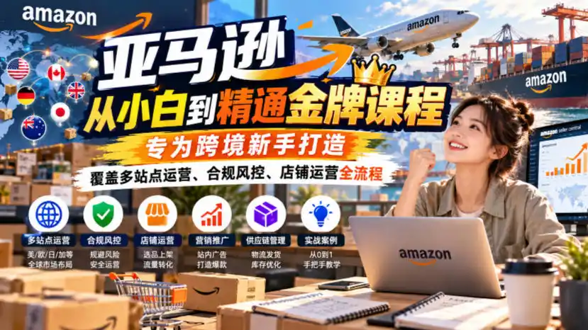 亚马逊从小白到精通金牌课程，专为跨境新手打造，覆盖多站点运营、合规风控、店铺运营全流程-北极星资源库